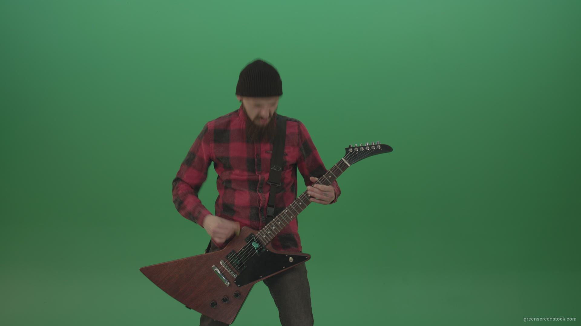 Old-man-with-beard-play-rock-guitar-isolated-on-green-screen-background-4K_006 Green Screen Stock
