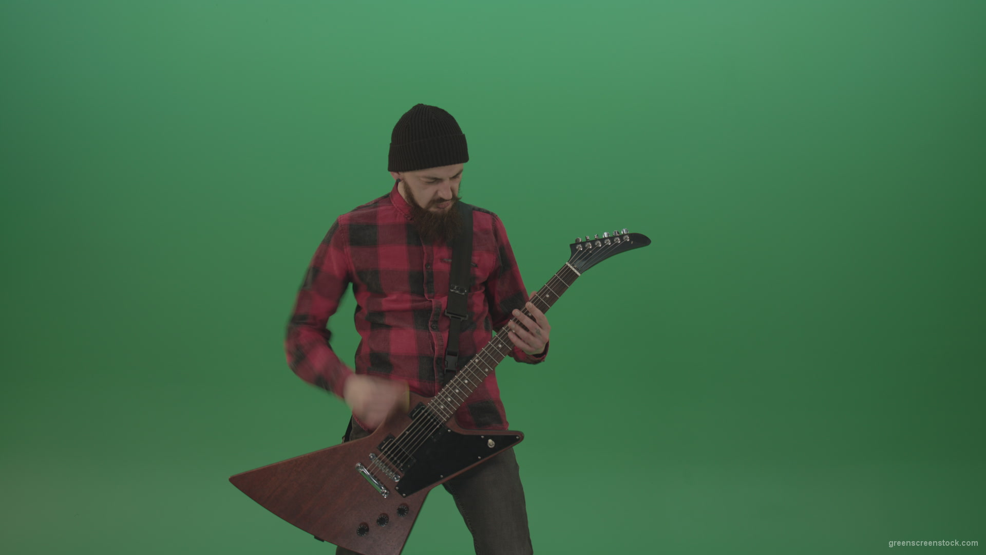 Old-man-with-beard-play-rock-guitar-isolated-on-green-screen-background-4K_007 Green Screen Stock