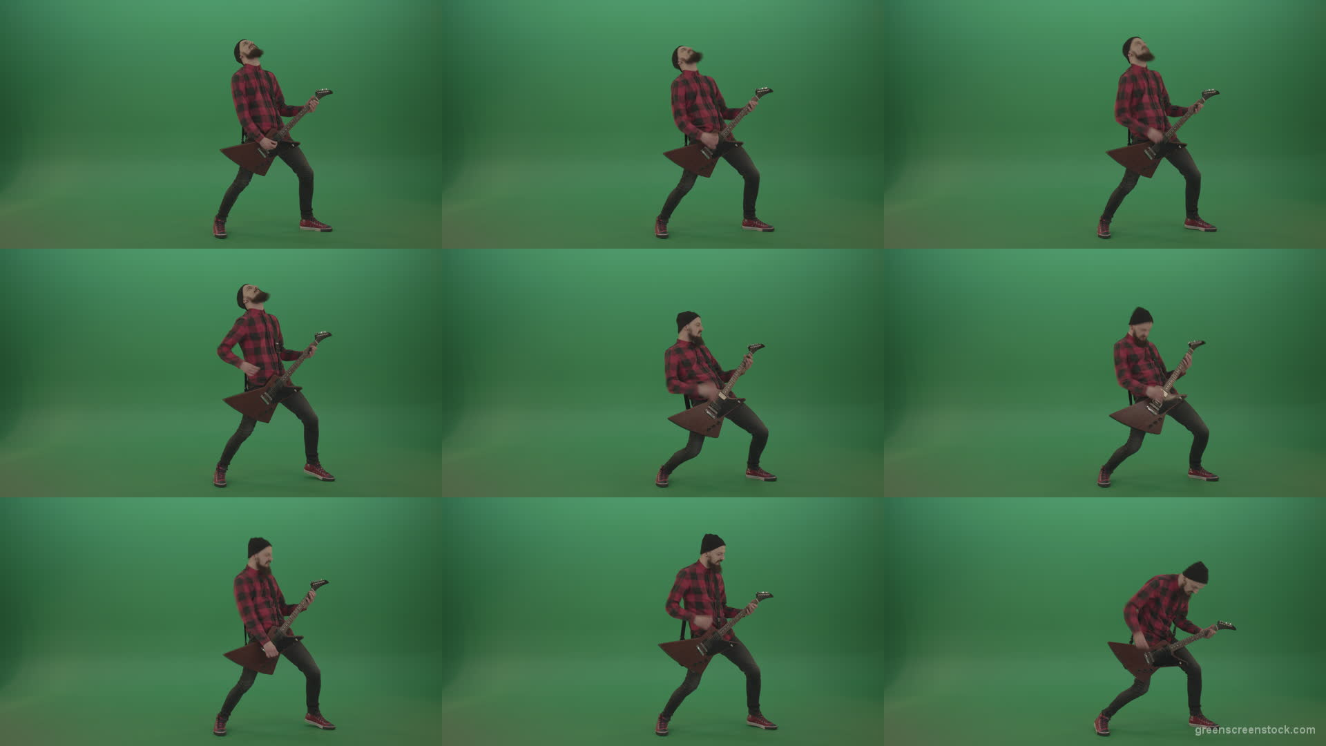 Punk-rock-full-size-man-guitarist-play-guitar-with-emotions-on-green-screen Green Screen Stock