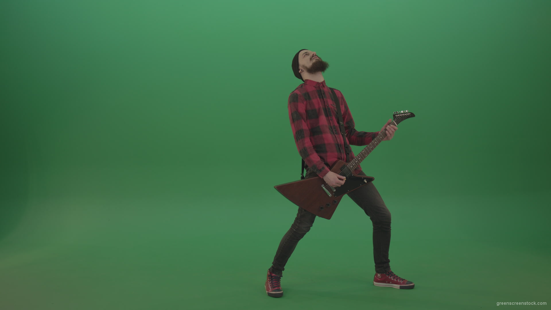 Punk-rock-full-size-man-guitarist-play-guitar-with-emotions-on-green-screen_001 Green Screen Stock