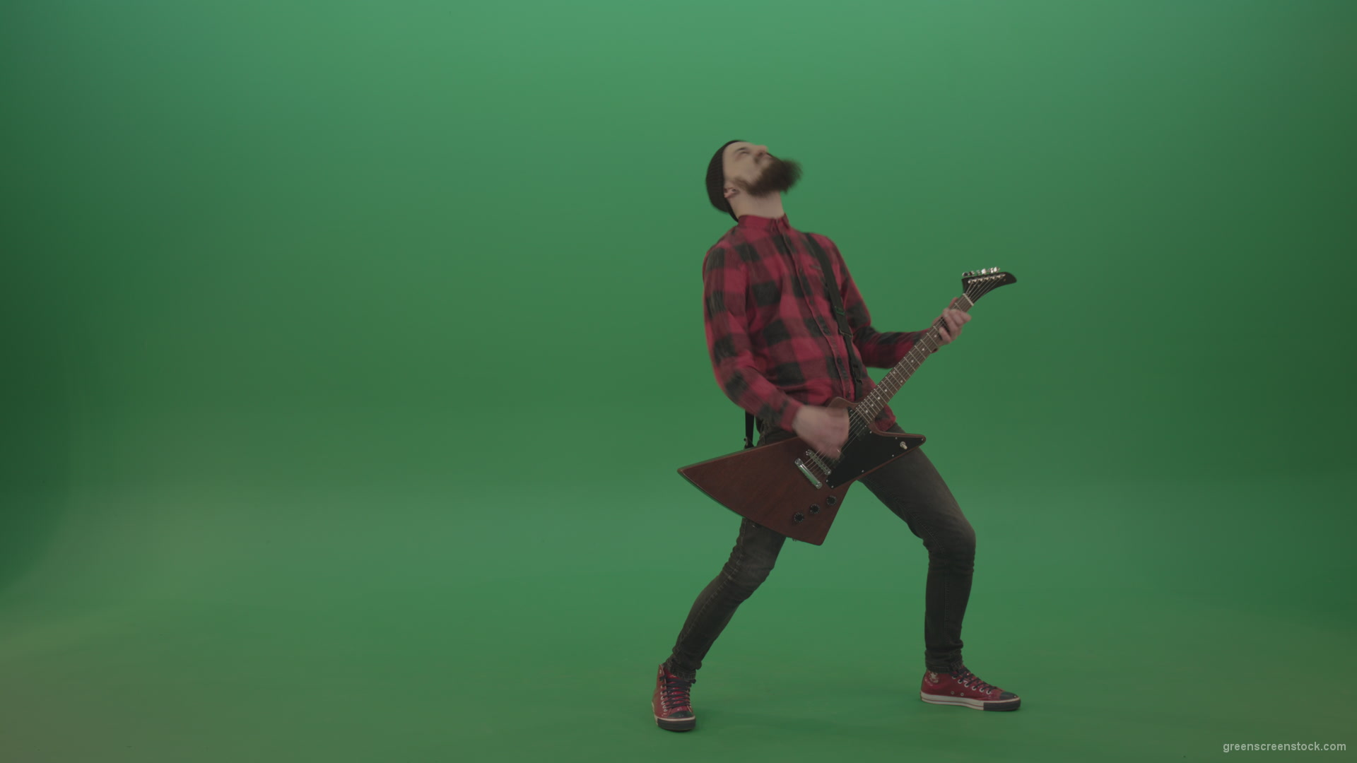 Punk-rock-full-size-man-guitarist-play-guitar-with-emotions-on-green-screen_002 Green Screen Stock