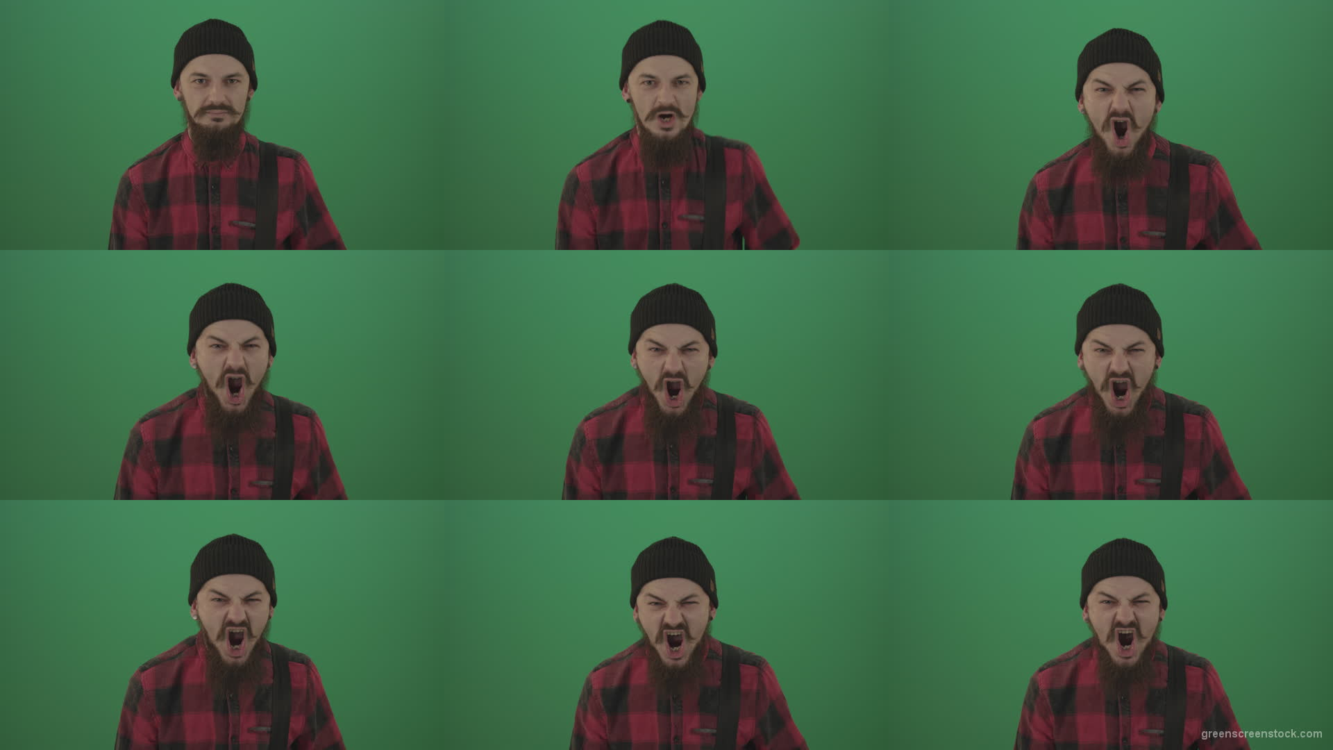 Punk-rocker-man-with-beard-and-red-shirt-screaming-feels-pain-isolated-on-green-screen-background Green Screen Stock