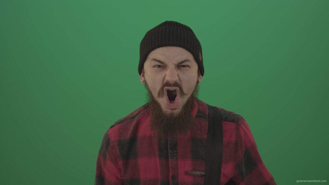 vj video background Punk-rocker-man-with-beard-and-red-shirt-screaming-feels-pain-isolated-on-green-screen-background_003