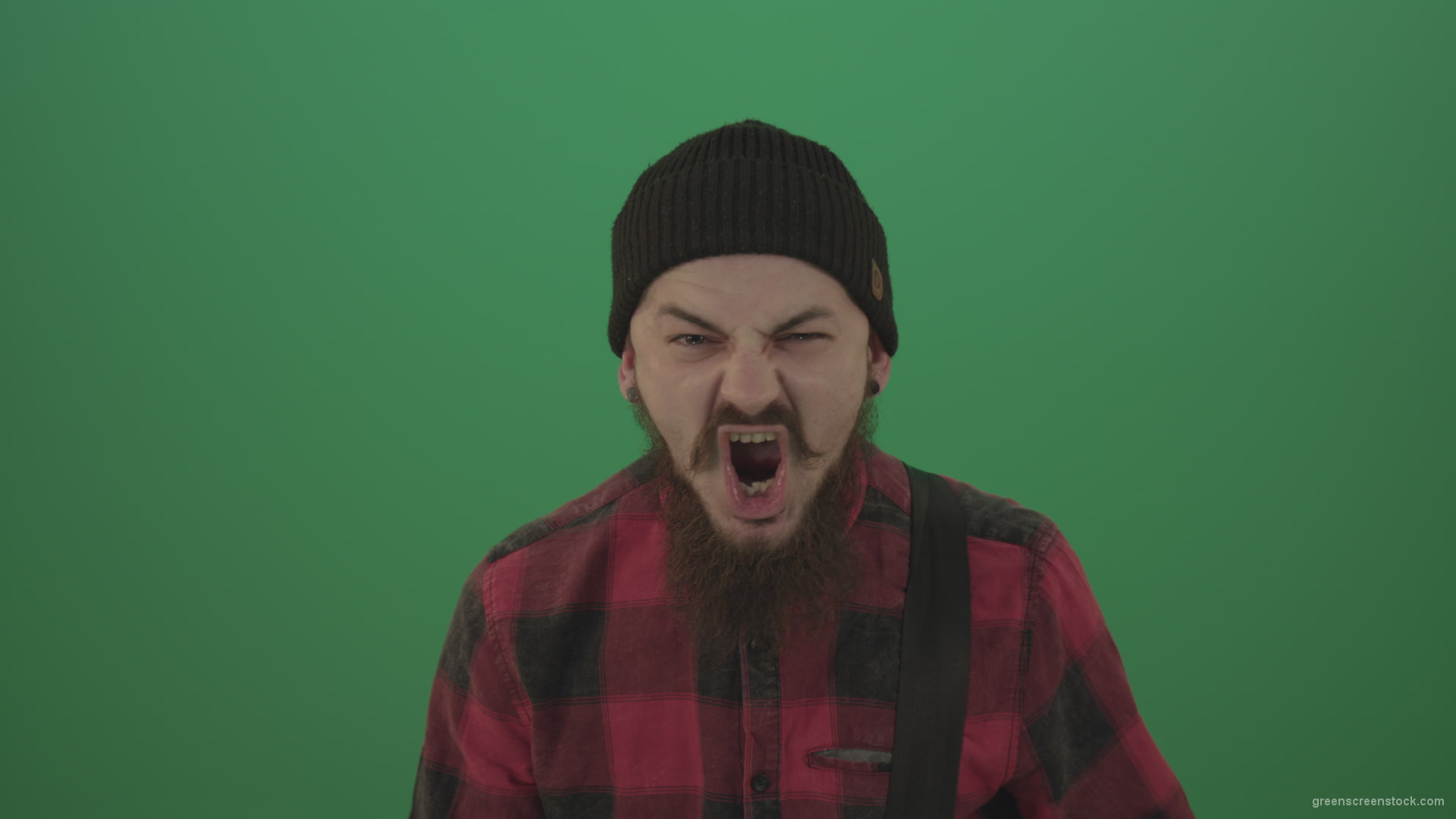 Punk-rocker-man-with-beard-and-red-shirt-screaming-feels-pain-isolated-on-green-screen-background_008 Green Screen Stock