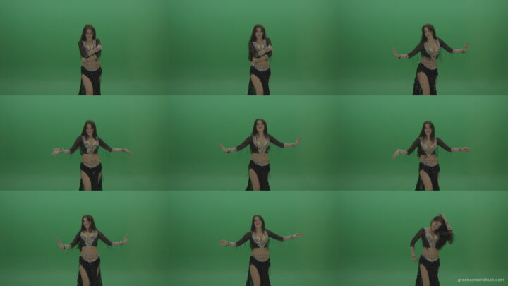Refined-belly-dancer-in-black-wear-display-amazing-dance-moves-over-chromakey-background Green Screen Stock