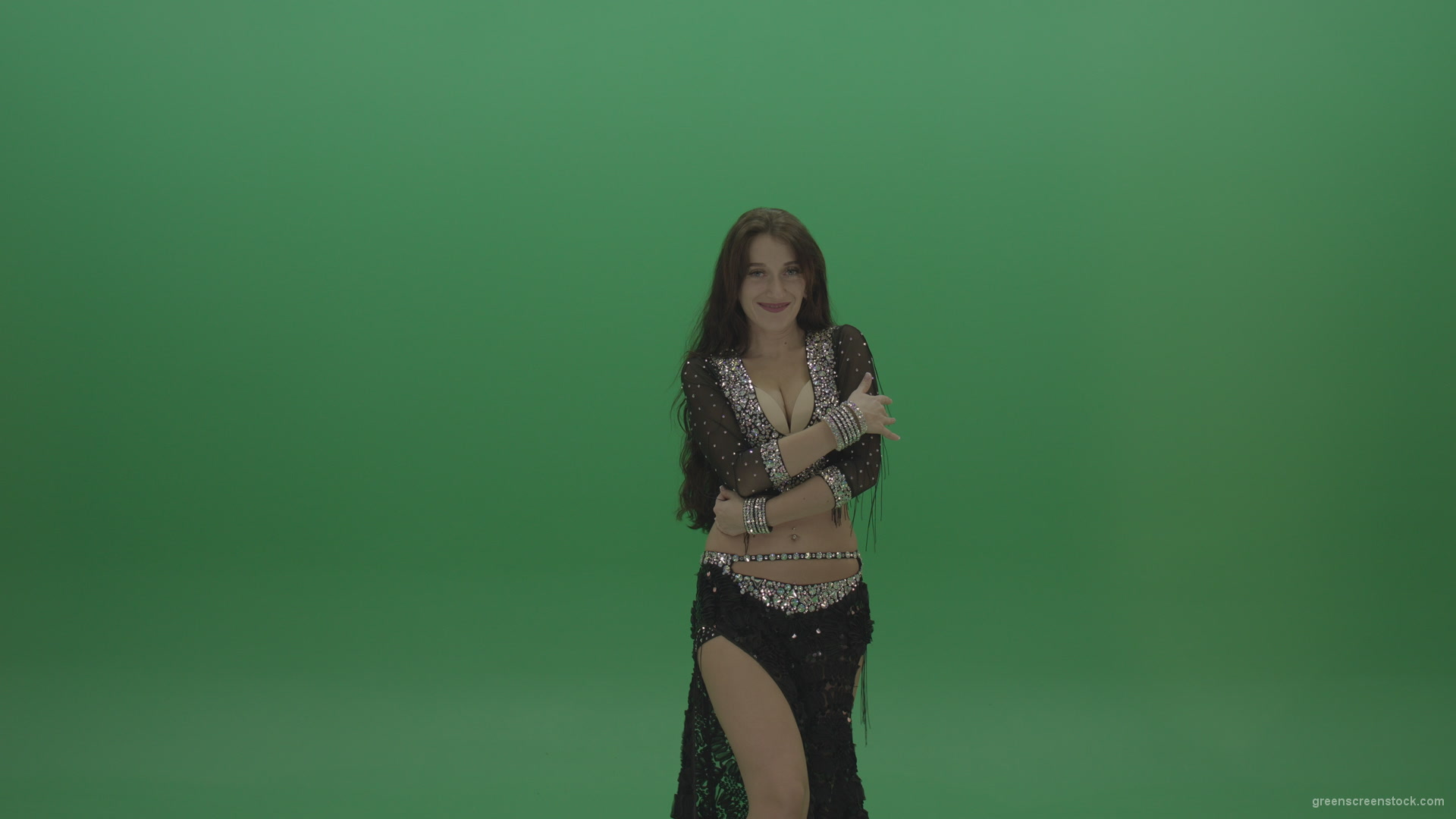 Refined-belly-dancer-in-black-wear-display-amazing-dance-moves-over-chromakey-background_002 Green Screen Stock