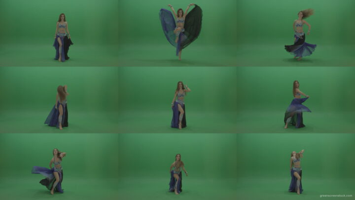 Splendid-belly-dancer-in-purple-and-black-wear-display-amazing-dance-moves-over-chromakey-background Green Screen Stock