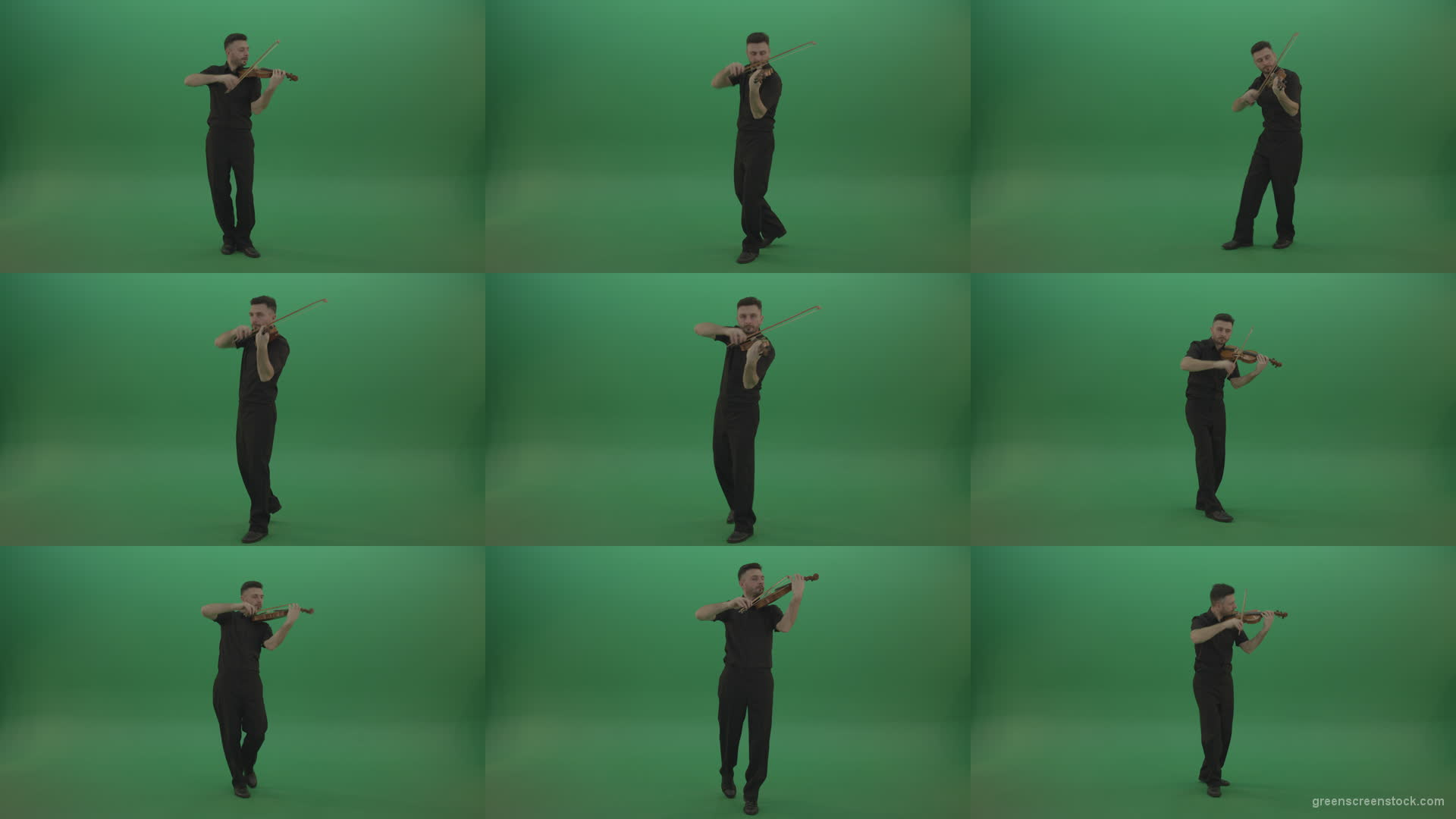 Young-Man-in-black-costume-play-violin-fiddle-strings-music-instument-and-move-on-isolated-green-screen Green Screen Stock