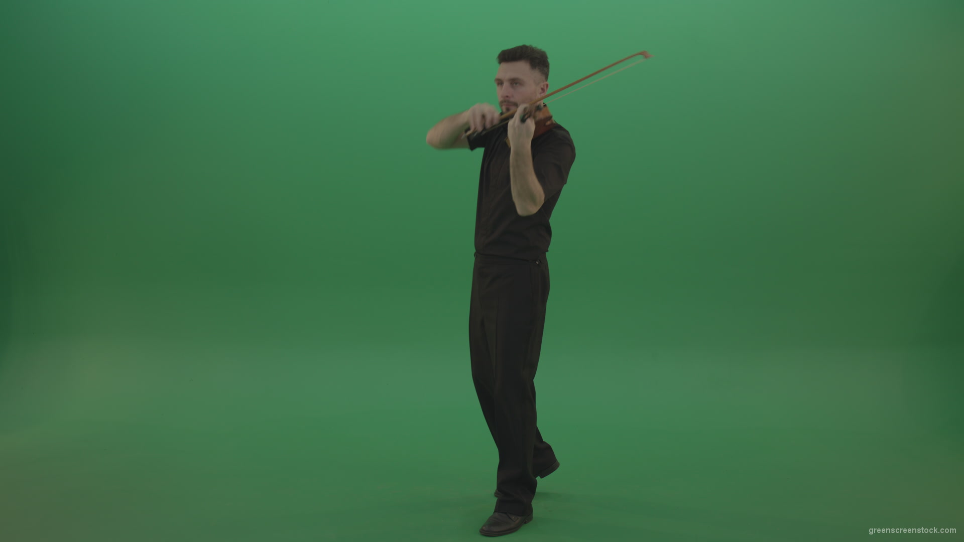 Young-Man-in-black-costume-play-violin-fiddle-strings-music-instument-and-move-on-isolated-green-screen_004 Green Screen Stock