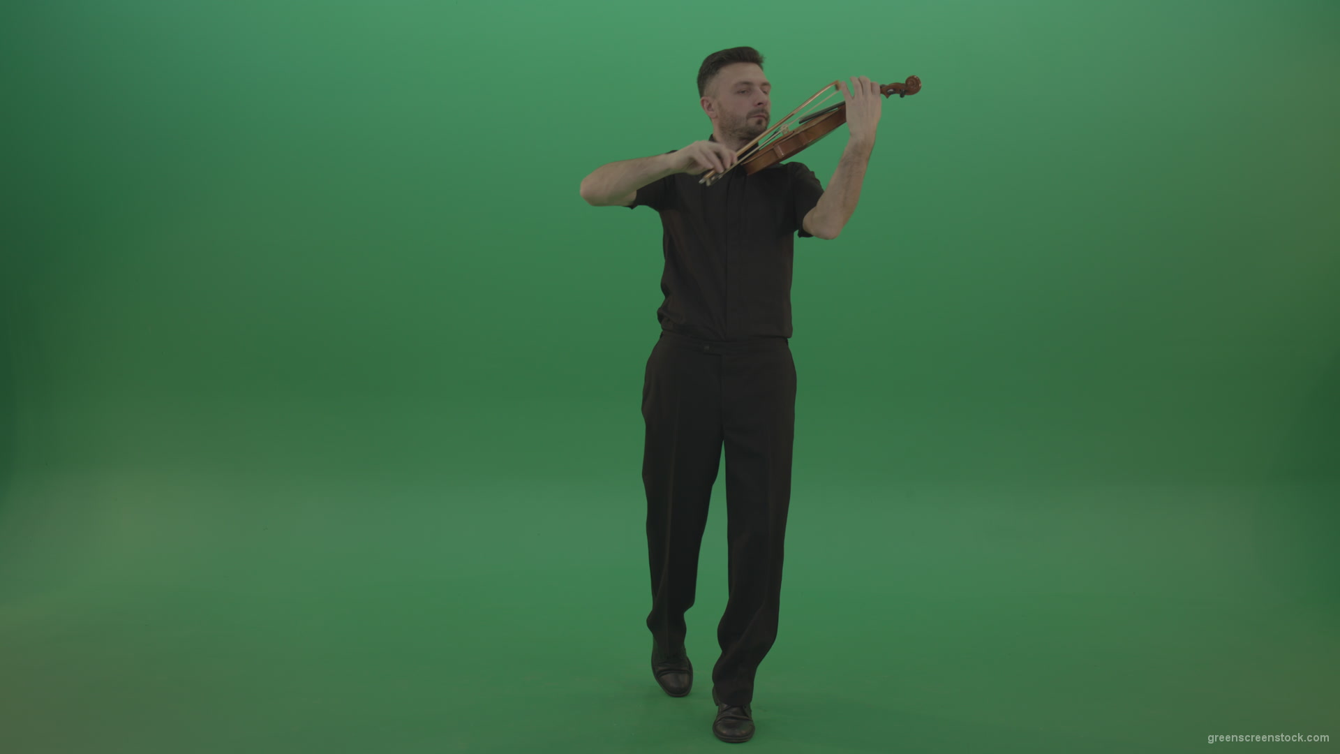 Young-Man-in-black-costume-play-violin-fiddle-strings-music-instument-and-move-on-isolated-green-screen_008 Green Screen Stock