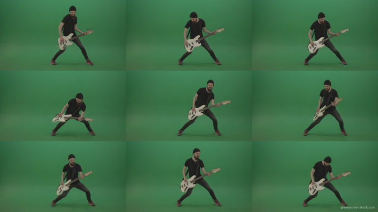 Young-man-with-beard-in-black-shirt-play-white-bass-guitar-on-green-screen Green Screen Stock