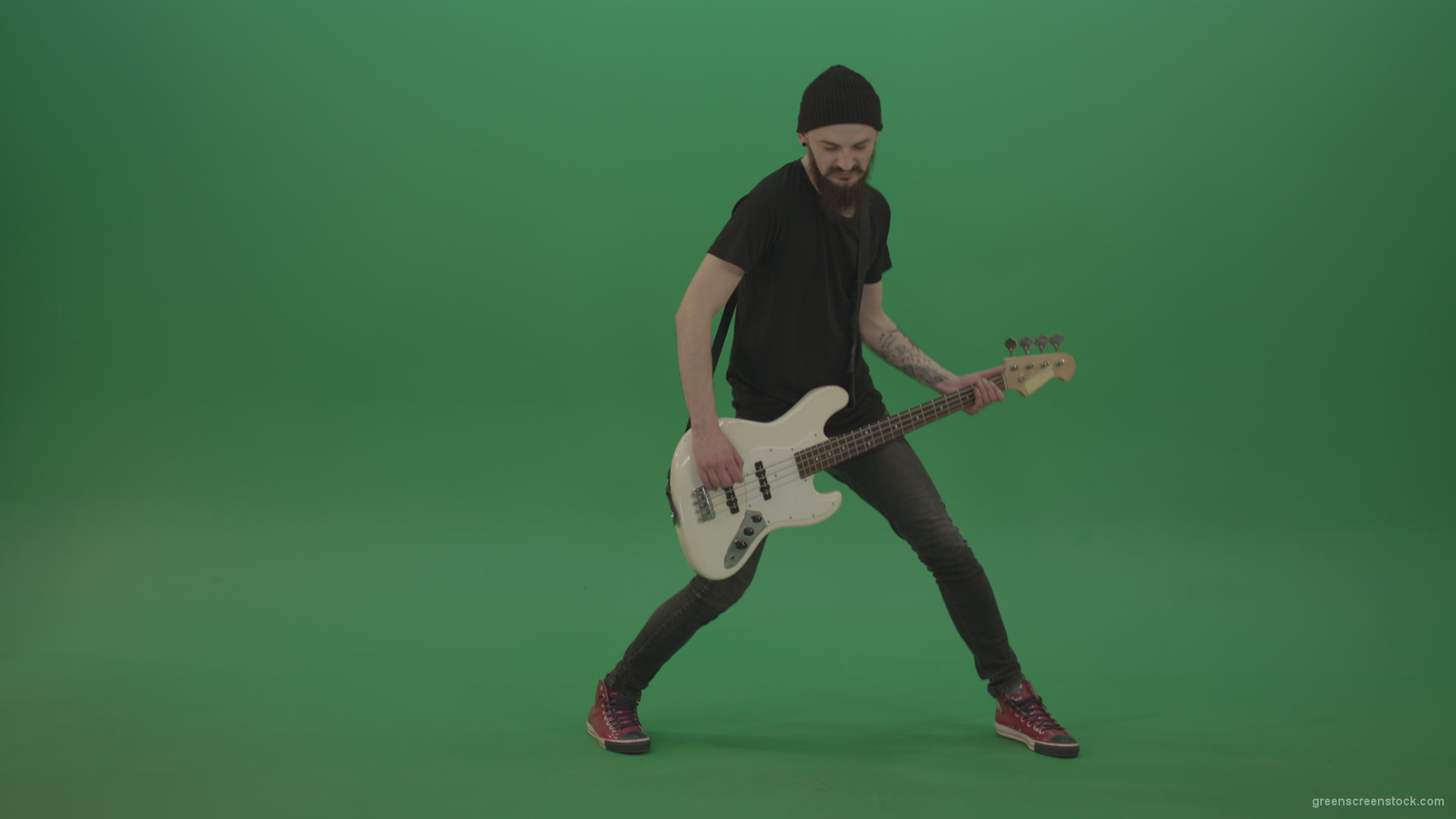 Young-man-with-beard-in-black-shirt-play-white-bass-guitar-on-green-screen_001 Green Screen Stock