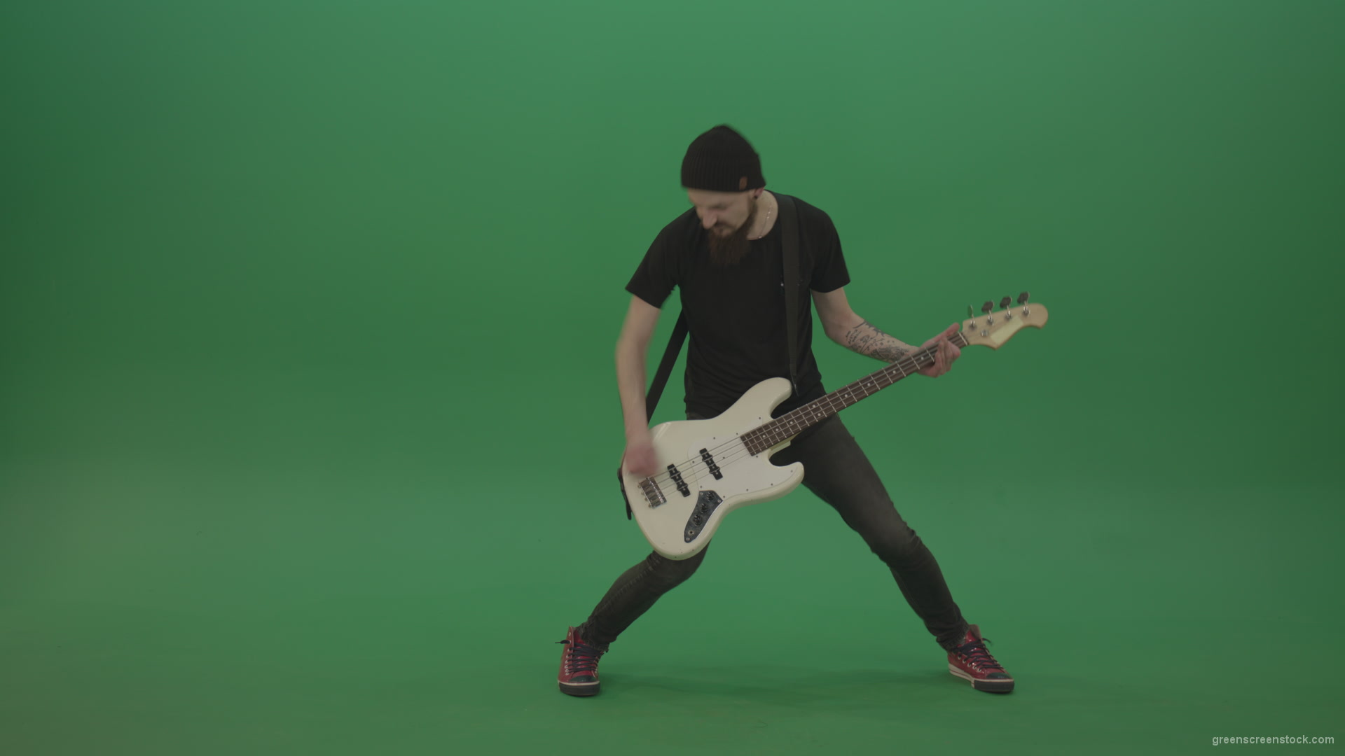 Young-man-with-beard-in-black-shirt-play-white-bass-guitar-on-green-screen_002 Green Screen Stock