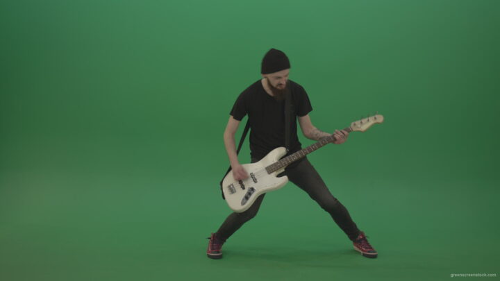 vj video background Young-man-with-beard-in-black-shirt-play-white-bass-guitar-on-green-screen_003