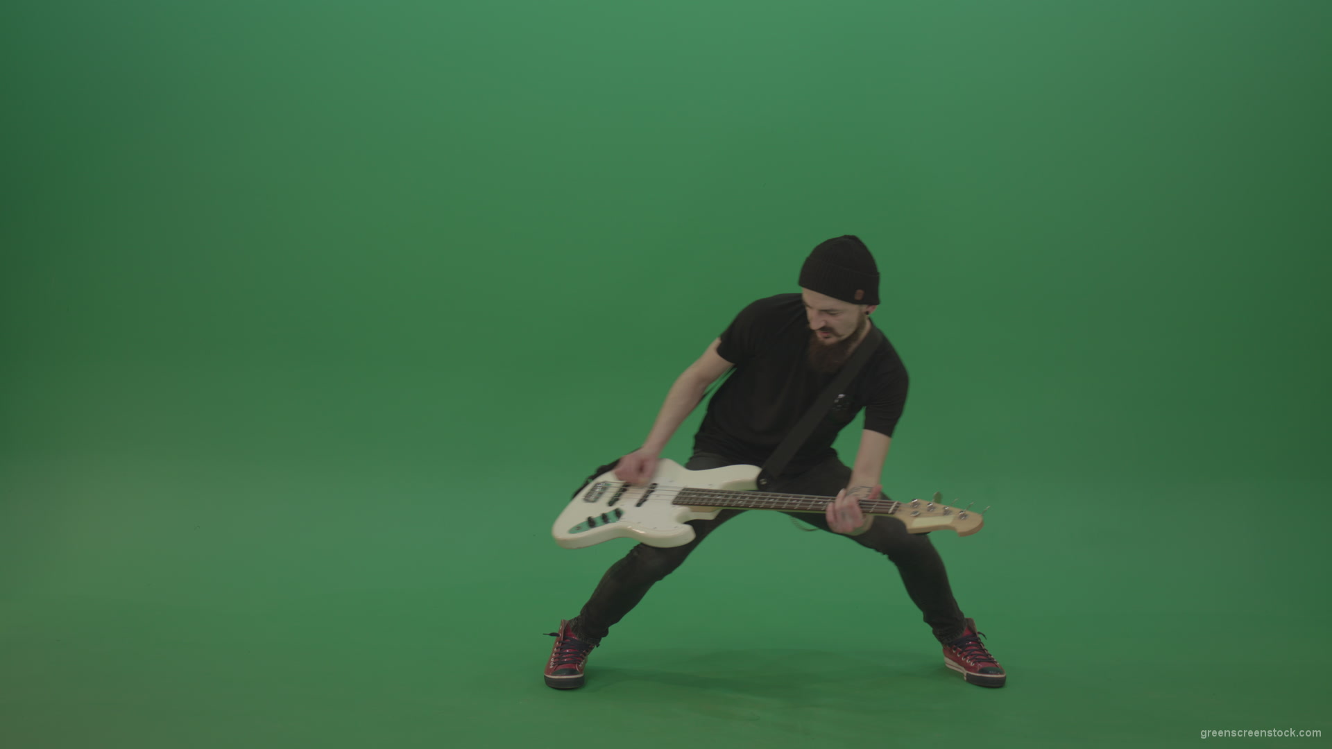 Young-man-with-beard-in-black-shirt-play-white-bass-guitar-on-green-screen_004 Green Screen Stock