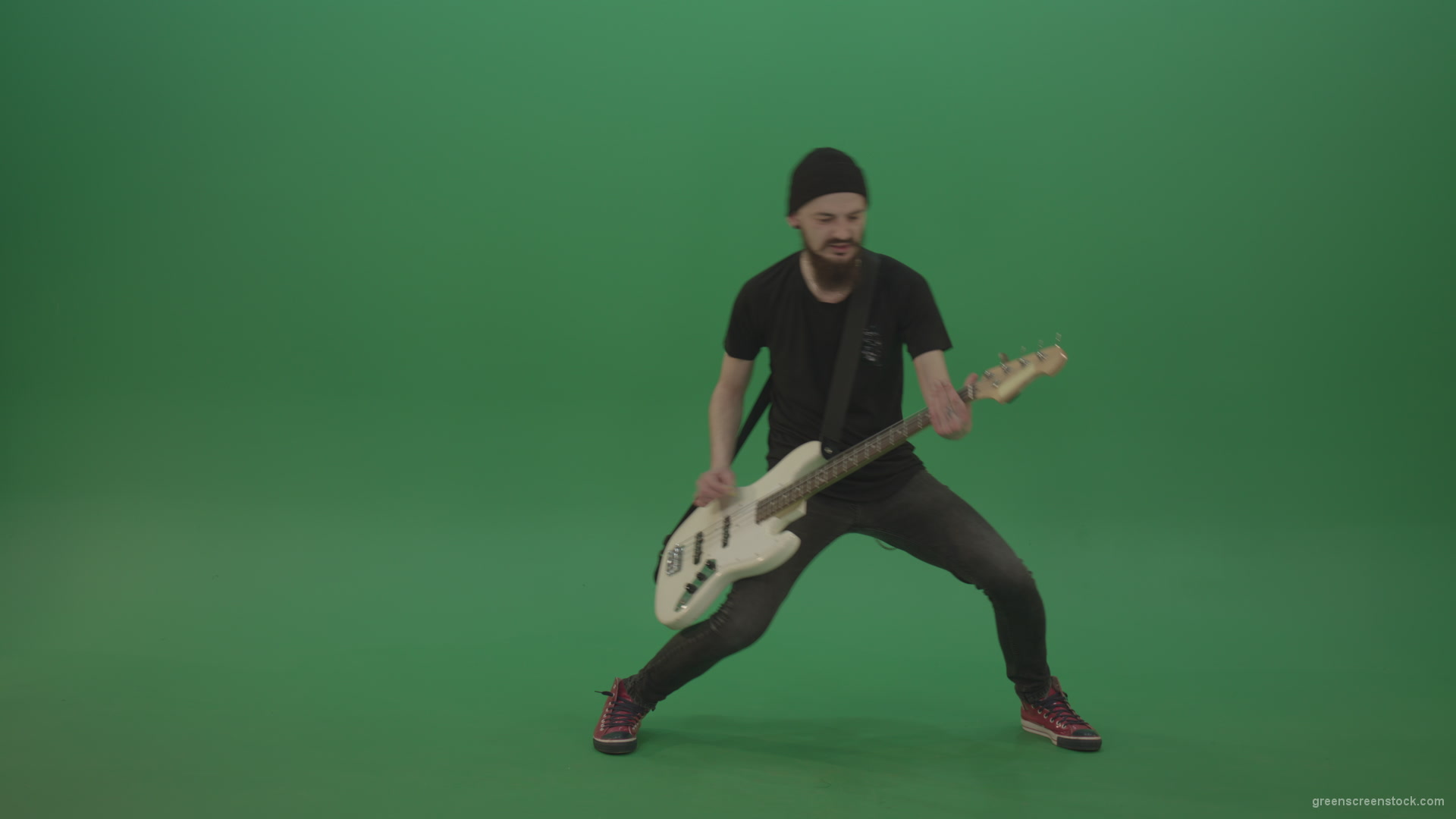 Young-man-with-beard-in-black-shirt-play-white-bass-guitar-on-green-screen_007 Green Screen Stock