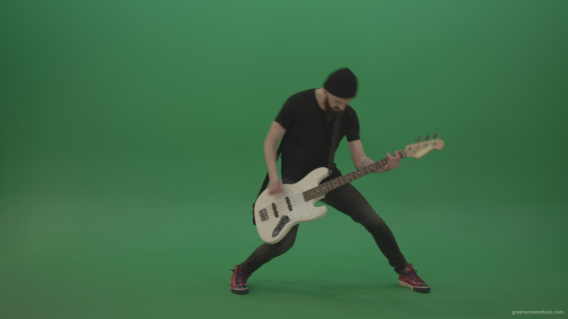 Young-man-with-beard-in-black-shirt-play-white-bass-guitar-on-green-screen_009 Green Screen Stock