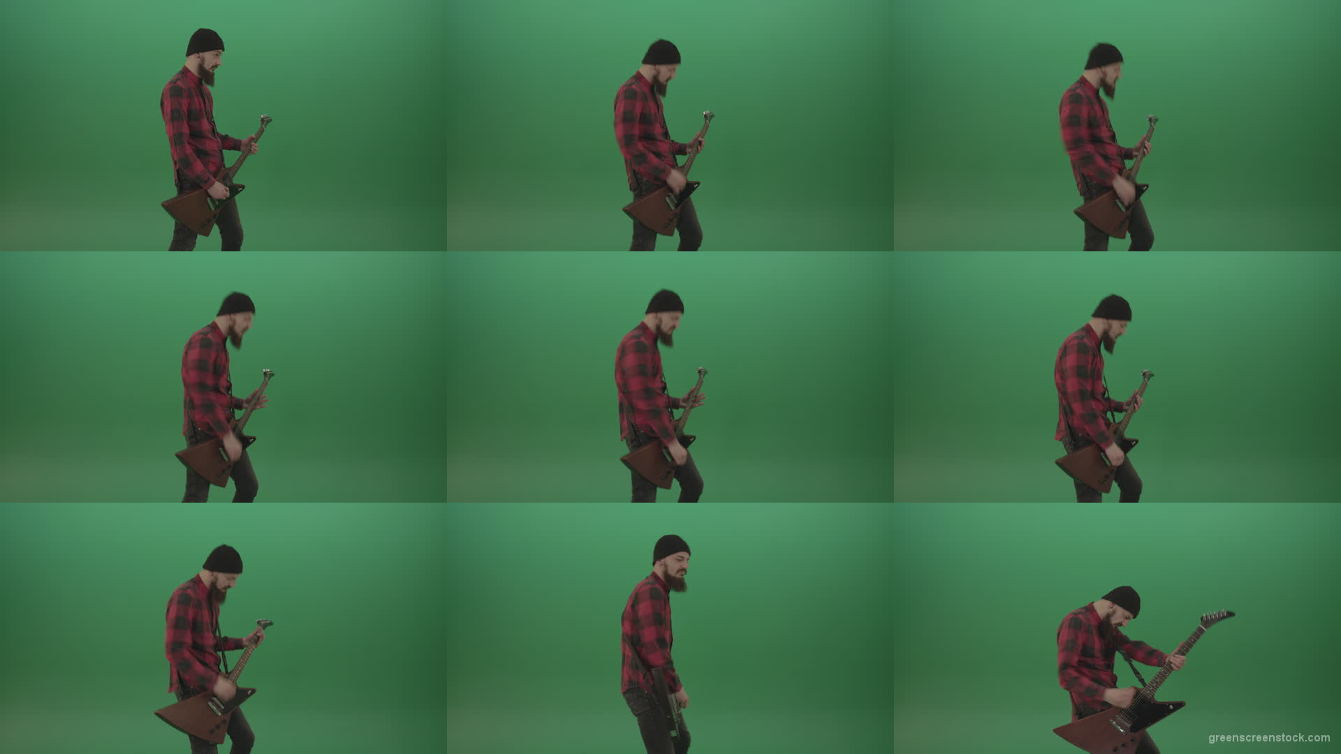 Young-man-with-beard-play-hardcore-music-on-guitar-in-side-view-on-green-screen-chromakey-background Green Screen Stock