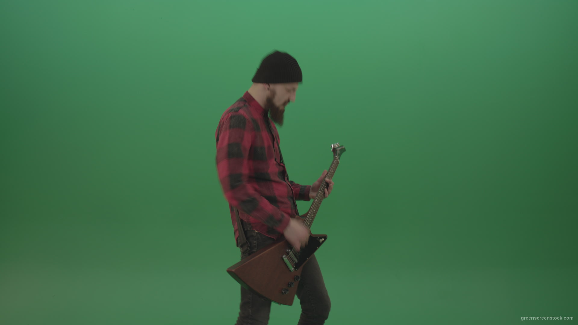 Young-man-with-beard-play-hardcore-music-on-guitar-in-side-view-on-green-screen-chromakey-background_002 Green Screen Stock