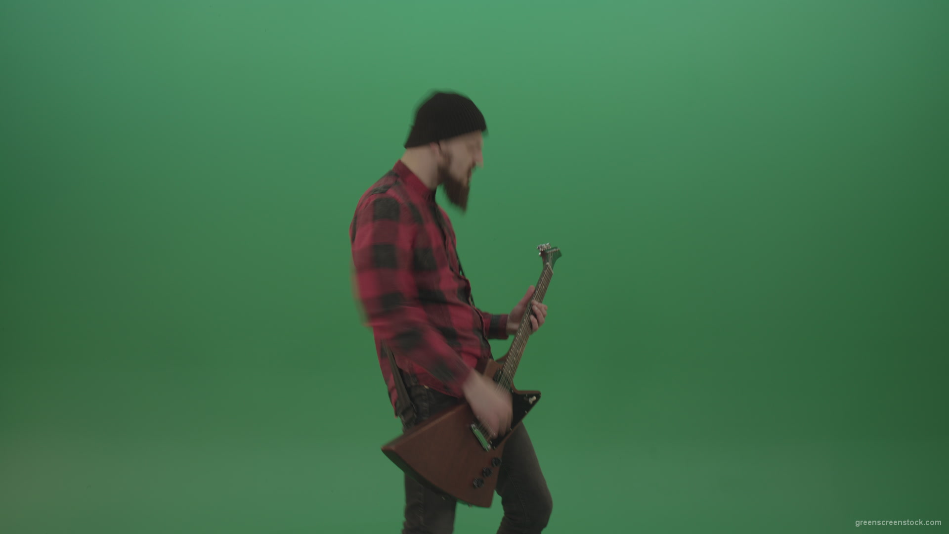 vj video background Young-man-with-beard-play-hardcore-music-on-guitar-in-side-view-on-green-screen-chromakey-background_003
