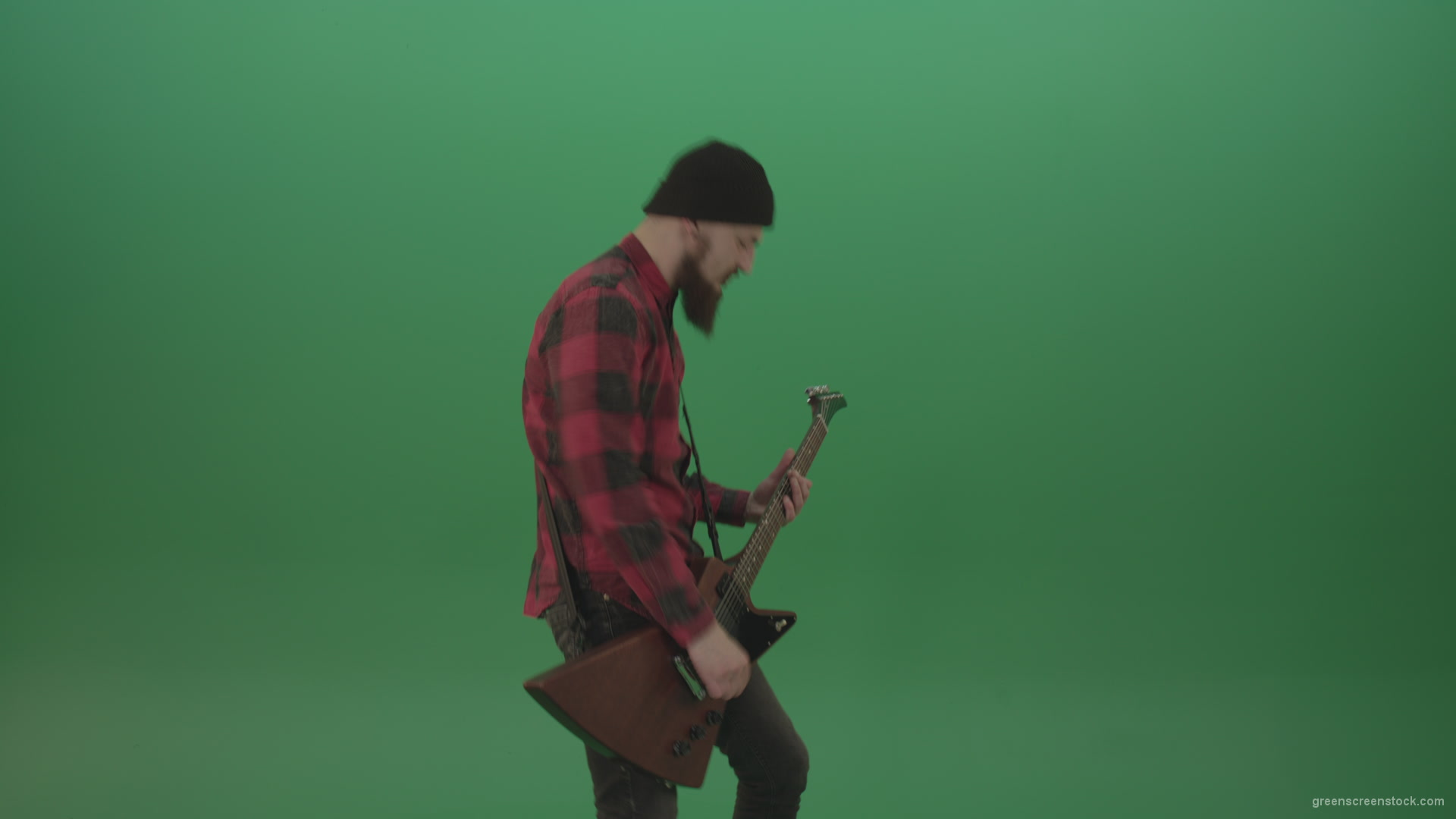Young-man-with-beard-play-hardcore-music-on-guitar-in-side-view-on-green-screen-chromakey-background_006 Green Screen Stock