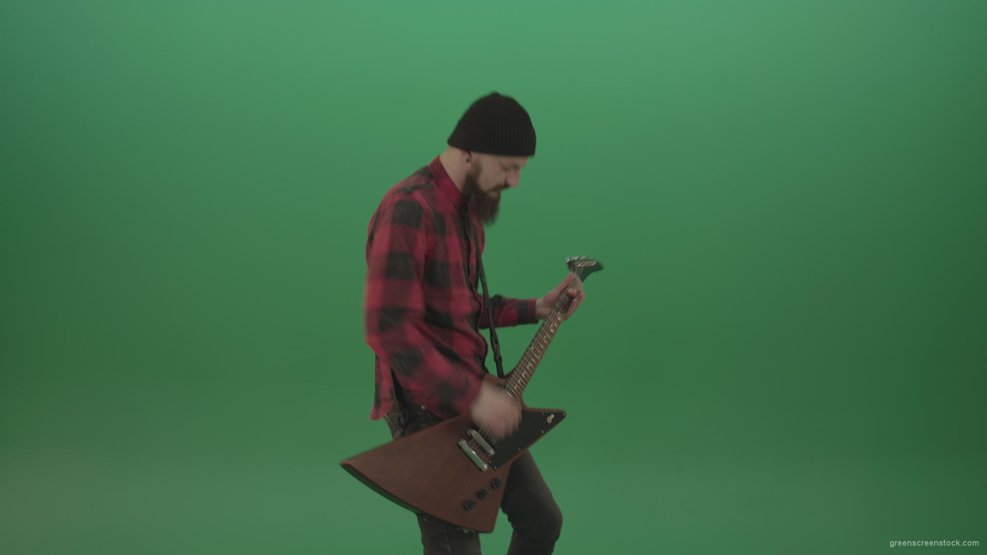 Young-man-with-beard-play-hardcore-music-on-guitar-in-side-view-on-green-screen-chromakey-background_007 Green Screen Stock