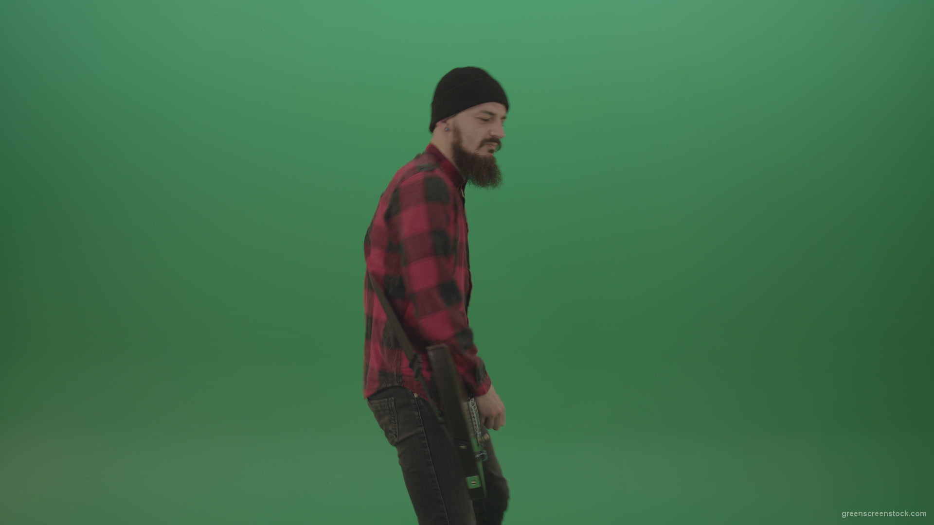 Young-man-with-beard-play-hardcore-music-on-guitar-in-side-view-on-green-screen-chromakey-background_008 Green Screen Stock