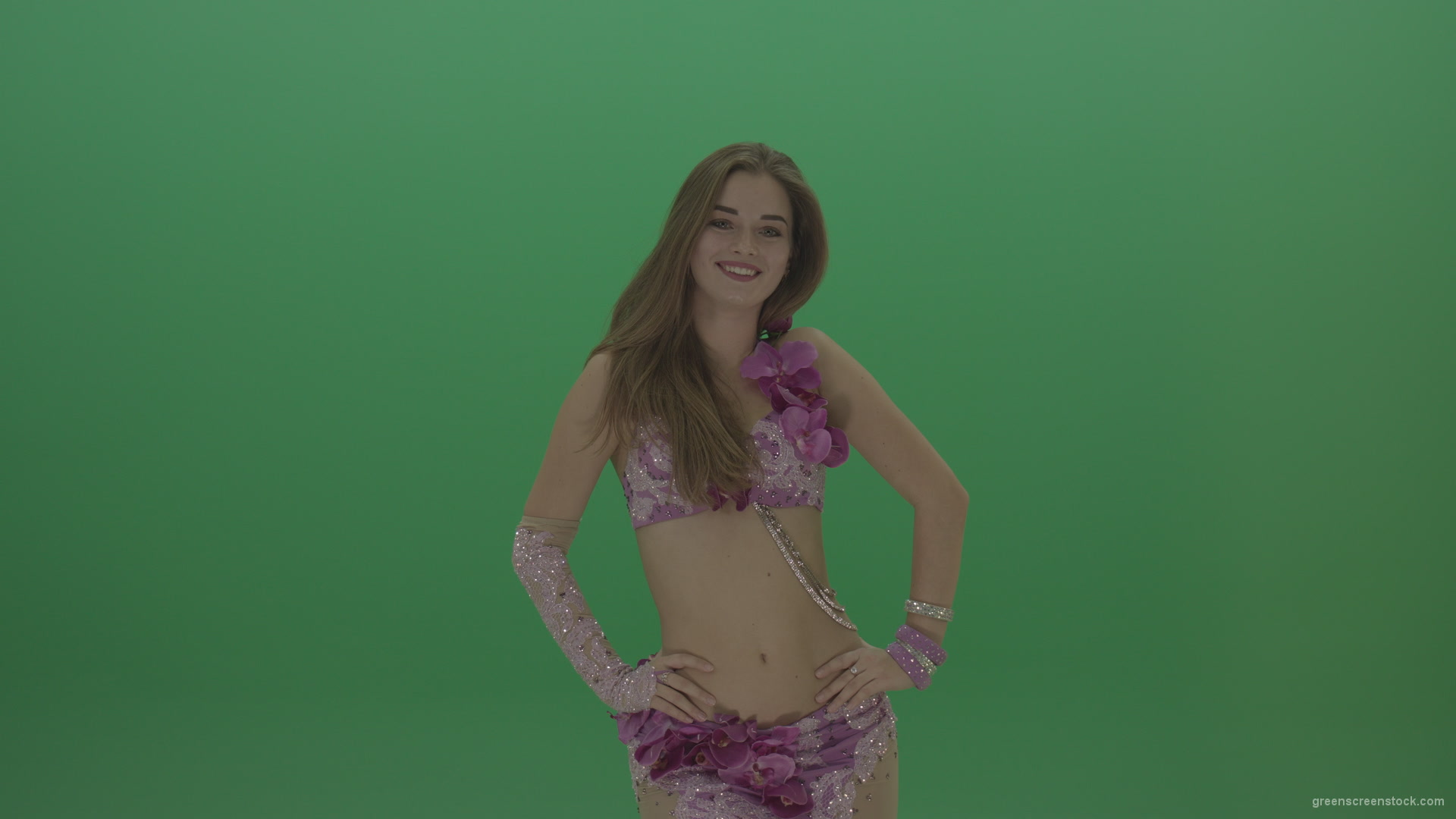 Beautiful-belly-dancer-in-purple-wear-winks-as-she-poses-over-green-screen-background_008 Green Screen Stock
