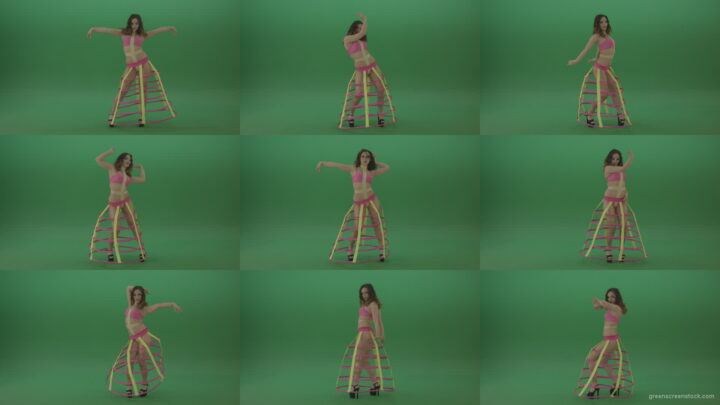 Beautiful-brunette-with-an-extraordinary-costume-dancing-on-green-screen Green Screen Stock