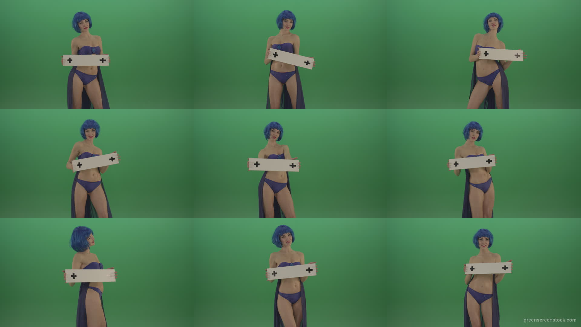 Blue-hair-elegant-naked-girl-posing-with-text-mockup-template-plane-on-green-screen Green Screen Stock