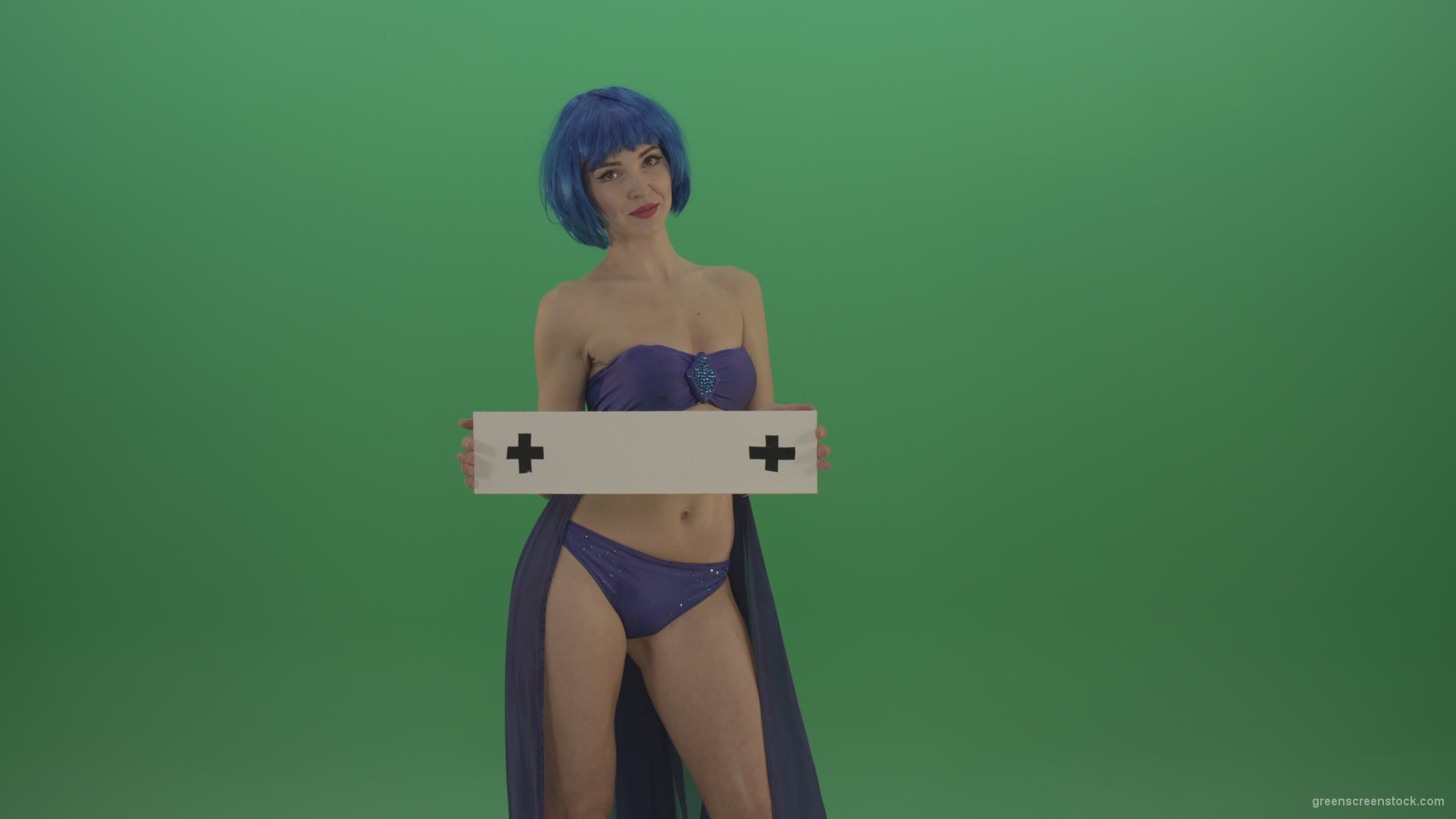 Blue-hair-elegant-naked-girl-posing-with-text-mockup-template-plane-on-green-screen_001 Green Screen Stock