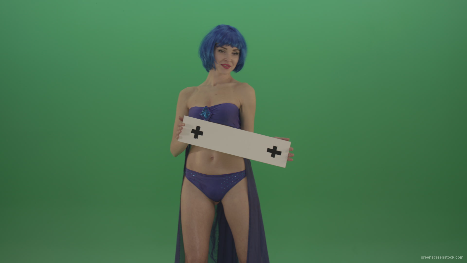 Blue-hair-elegant-naked-girl-posing-with-text-mockup-template-plane-on-green-screen_002 Green Screen Stock
