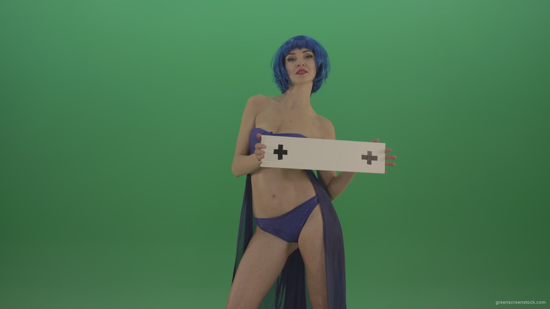 vj video background Blue-hair-elegant-naked-girl-posing-with-text-mockup-template-plane-on-green-screen_003
