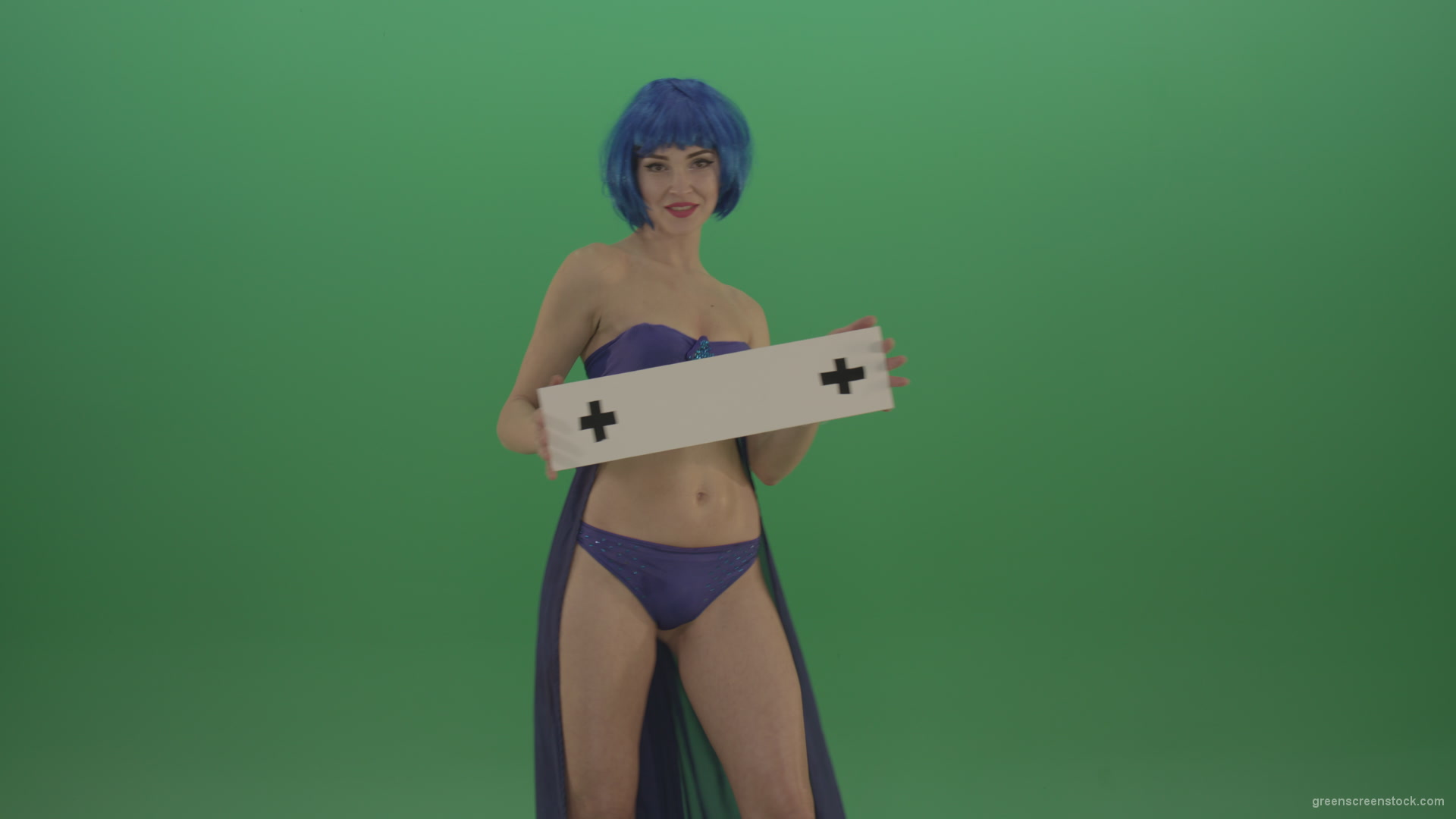 Blue-hair-elegant-naked-girl-posing-with-text-mockup-template-plane-on-green-screen_004 Green Screen Stock