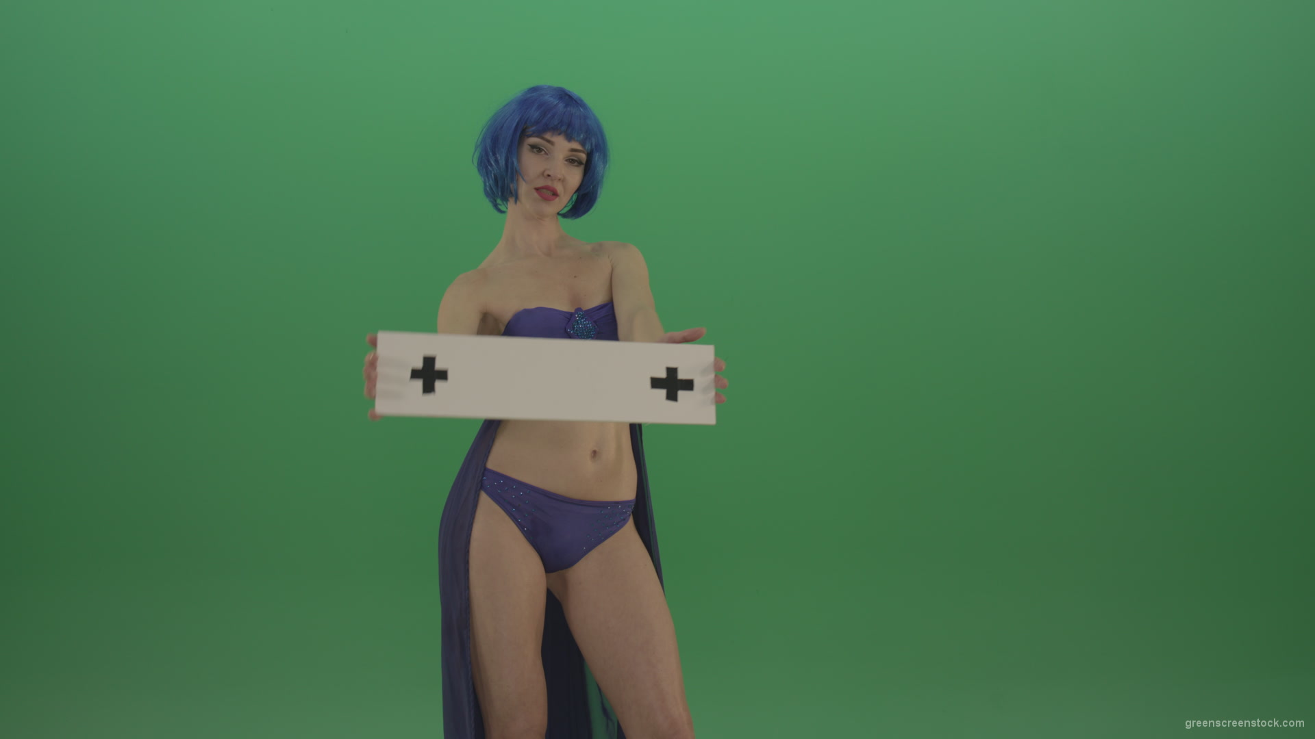 Blue-hair-elegant-naked-girl-posing-with-text-mockup-template-plane-on-green-screen_005 Green Screen Stock