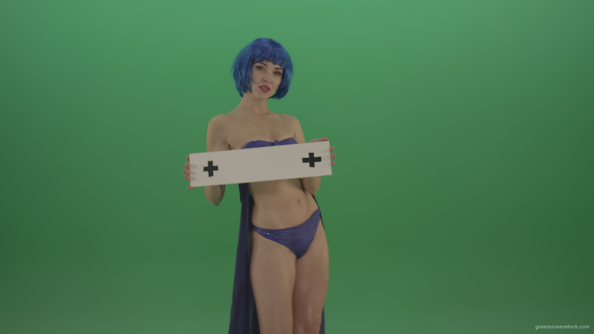 Blue-hair-elegant-naked-girl-posing-with-text-mockup-template-plane-on-green-screen_006 Green Screen Stock