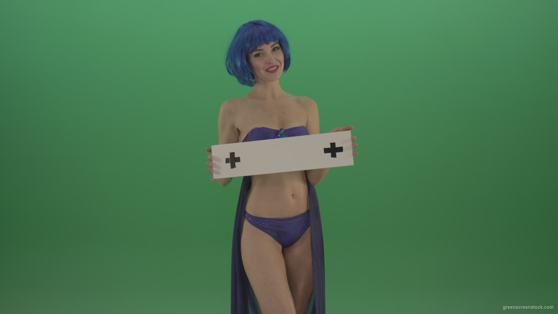 Blue-hair-elegant-naked-girl-posing-with-text-mockup-template-plane-on-green-screen_008 Green Screen Stock