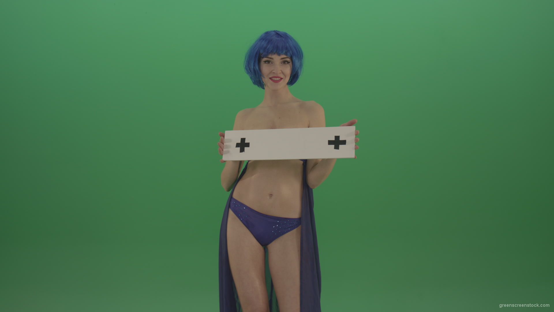 Blue-hair-elegant-naked-girl-posing-with-text-mockup-template-plane-on-green-screen_009 Green Screen Stock