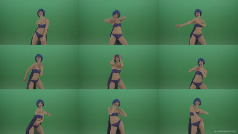Blue-hair-girl-dancing-sexy-strip-isolated-on-green-background Green Screen Stock