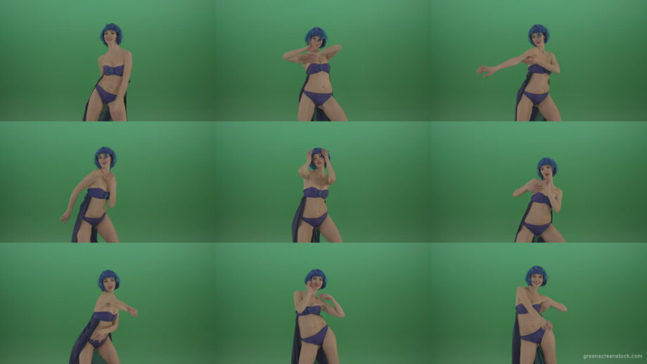 Blue-hair-girl-dancing-sexy-strip-isolated-on-green-background Green Screen Stock