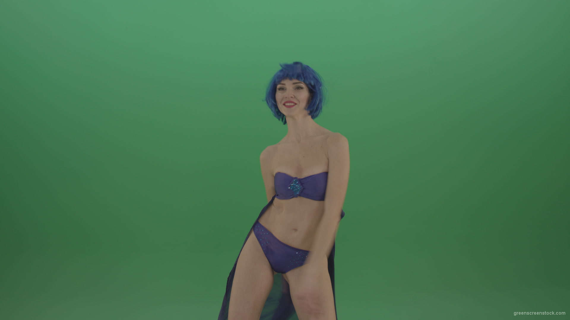 Blue Hair Girl Dancing Sexy Strip Isolated On Green Background Green
