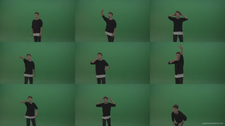 Boy-in-black-wear-displays-expression-as-he-whistles-over-chromakey-background Green Screen Stock