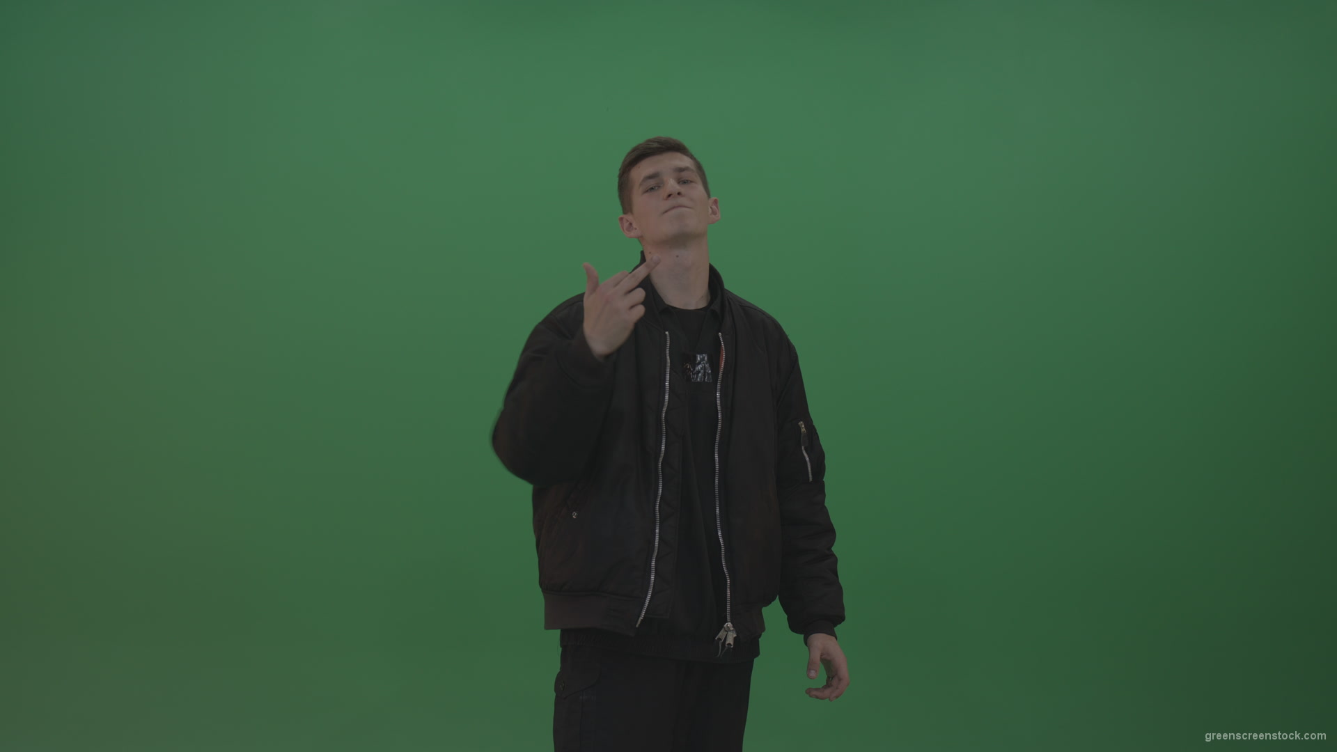vj video background Boy-in-black-wear-displays-the-kill-sign-and-two-middle-fingers-in-the-air-over-chromakey-background_003