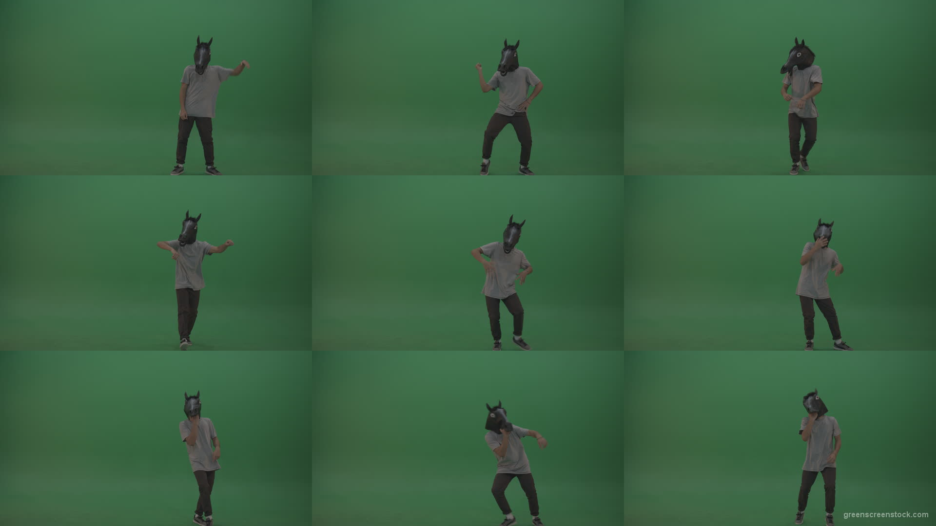 Boy-in-grey-wear-and-horse-head-costume-dances-over-green-screen-background Green Screen Stock