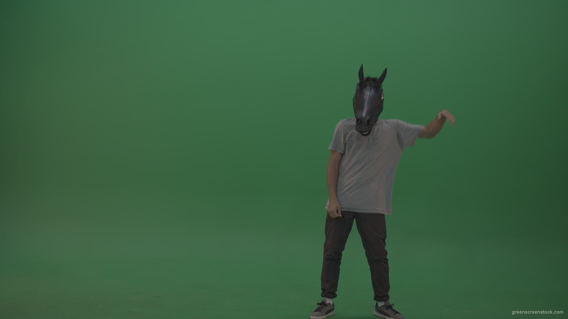 Boy-in-grey-wear-and-horse-head-costume-dances-over-green-screen-background_001 Green Screen Stock
