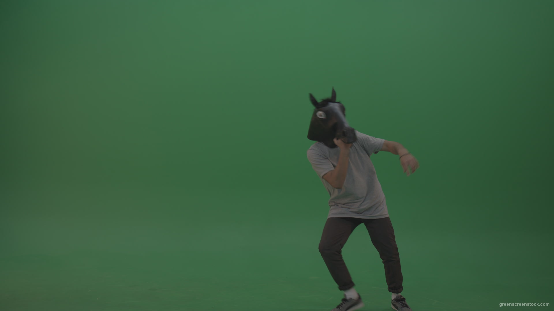 Boy-in-grey-wear-and-horse-head-costume-dances-over-green-screen-background_008 Green Screen Stock