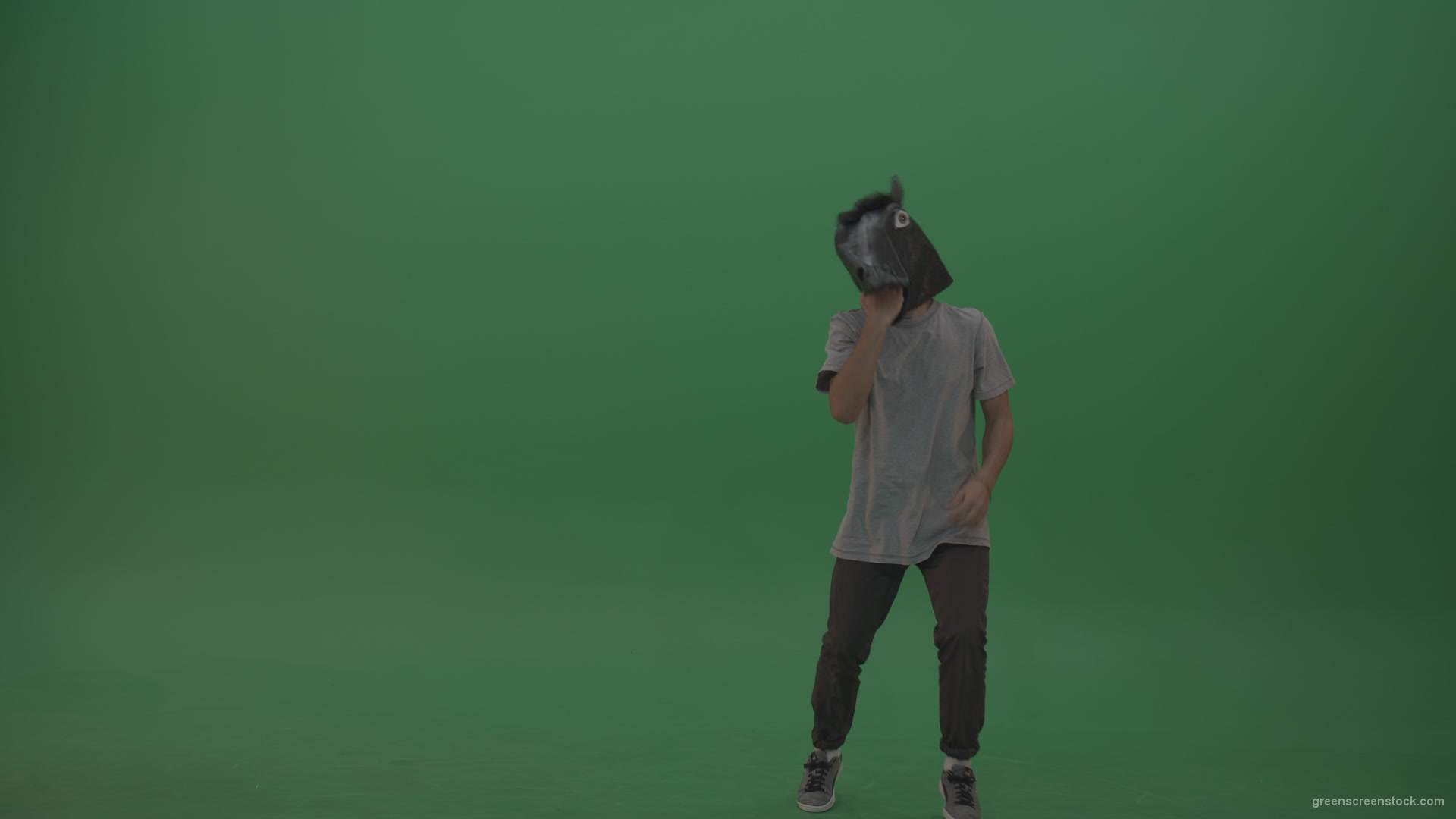 Boy-in-grey-wear-and-horse-head-costume-dances-over-green-screen-background_009 Green Screen Stock