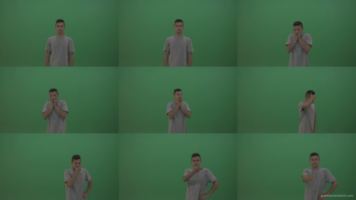 Boy-in-grey-wear-expresses-disappointment-over-green-screen-background Green Screen Stock