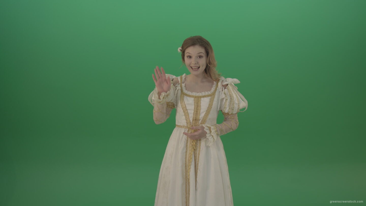 vj video background Cheerful-and-satisfied-girl-in-a-white-suit-telling-her-waving-her-hand-isolated-on-green-screen_003