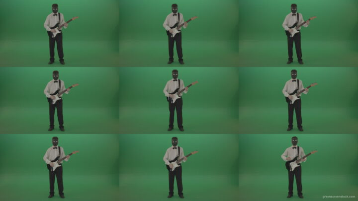 Classic-guitarist-in-white-shirt-play-guitar-in-mask-isolated-on-green-screen Green Screen Stock